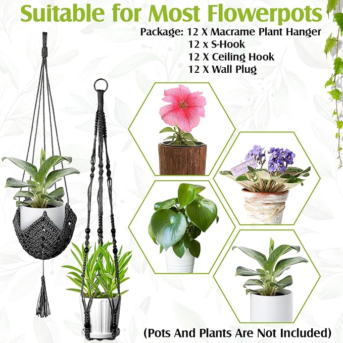 Hoteam 12 Pcs Macrame Plant Hangers Macrame Hanging Planters for Indoor Plants Handmade Boho Hanging Baskets Flower Pots Holder for Outdoor Home Wall Decor-VerdiqueGarden