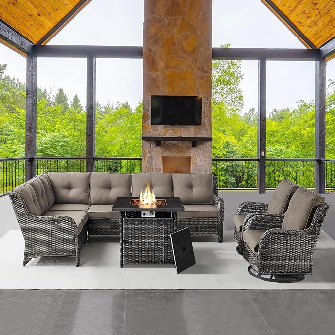 Outdoor Sectional Furniture Sofa Set with Propane Fire Pit Table, Wicker Patio Conversation Set with 2 Swivel Rocker Glider Chairs Grey Cushion Perfect for Backyard Casual Gathering-VerdiqueGarden
