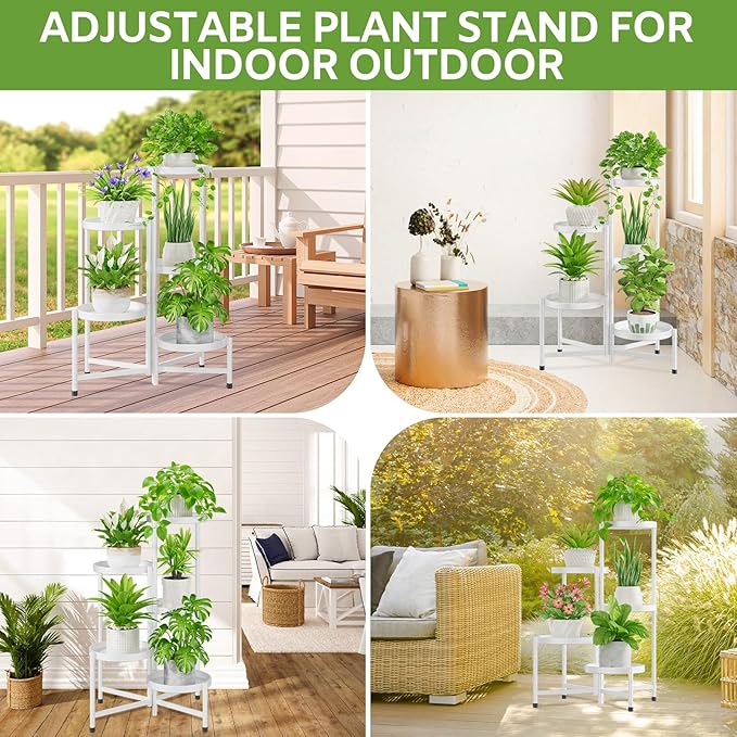 iDavosic.ly 5 Tier Large Plant Stand Indoor with 10 Inch Wide Tray, Tiered Corner Metal Outdoor Flower Display Holder Shelf, Folding Tall Rack for Patio Porch Living Room, White-VerdiqueGarden