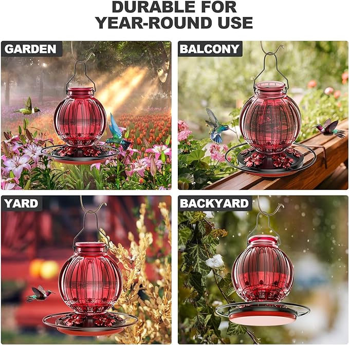 Glass Hummingbird Feeder for Outdoors Hanging, 26Oz Bird Nectar Feeder with Perch & 5 Flower Feeding Ports, Leak Proof for Outside Garden Decor Backyard, Gifts for Women Mom, Red-VerdiqueGarden