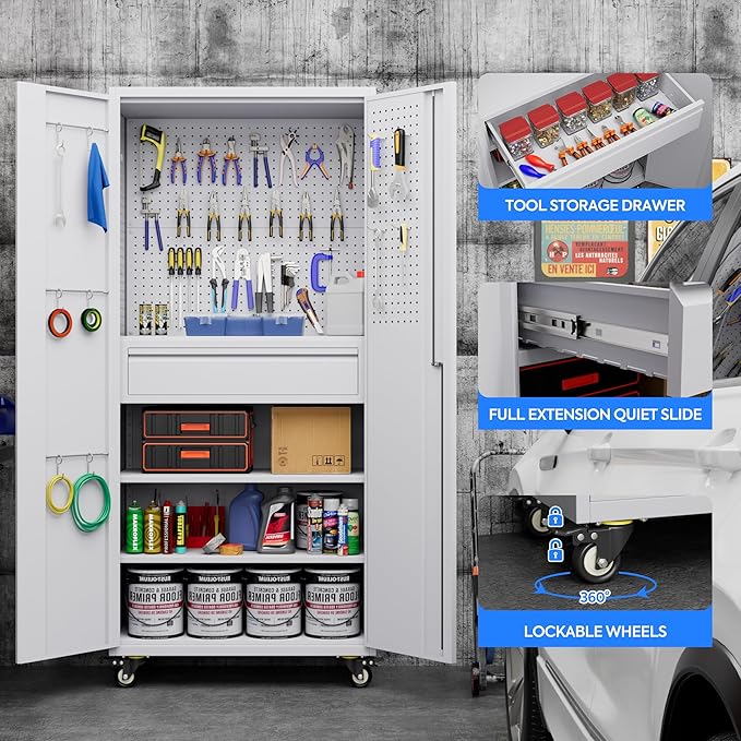 Metal Garage Cabinet with Wheels,71''H Rolling Lockable Steel Tool Cabinet with Pegboard & Drawer for Garage,Home,Office Assembly Required,White-VerdiqueGarden