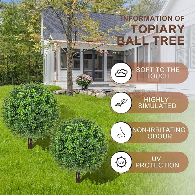 22" Artificial Boxwood Topiary Ball Trees with Ground Spike Set of 2 - UV Resistant Faux Green Shrubs & Bushes Potted Plants for Outdoor Indoor Front Porch Garden-VerdiqueGarden