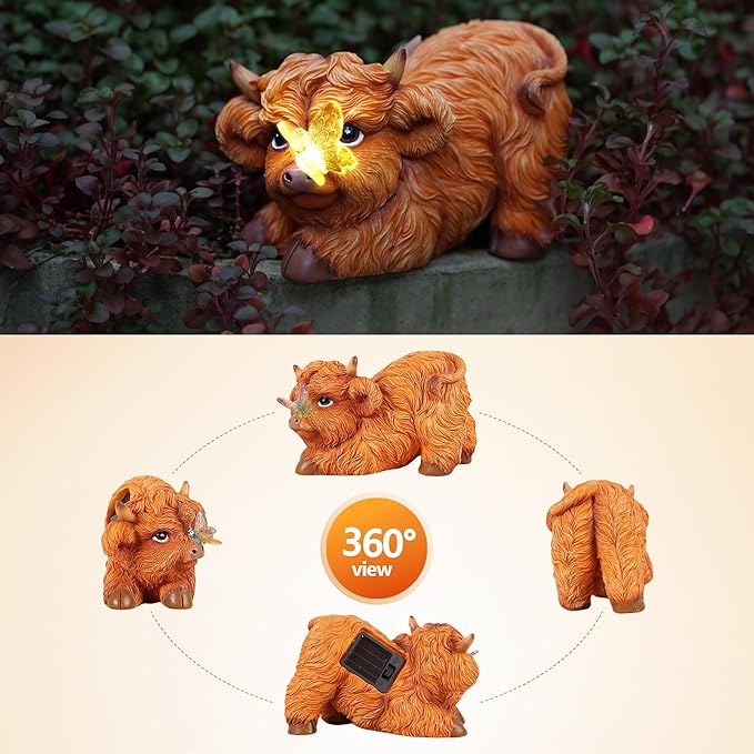 Highland Cow Solar Powered Outdoor Garden Statue, Resin Highland Cow Statue with Solar Light Lantern, Decorative Lawn, Yard Outdoor Highland Cow Decor. Unique home decorations, gifts for women-VerdiqueGarden