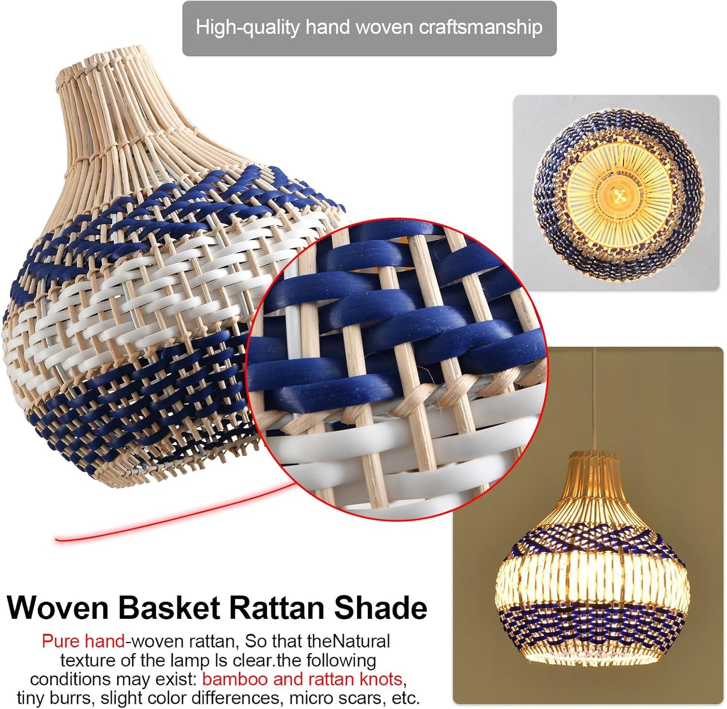 3-Light Rattan Pendant Light 15" Hand-Woven Blue White Wicker Basket Chandelier Boho Faux Rattan Hanging Light,for Living Room Bedroom Kitchen Hallway Dining Farmhouse 1-Pack-VerdiqueGarden