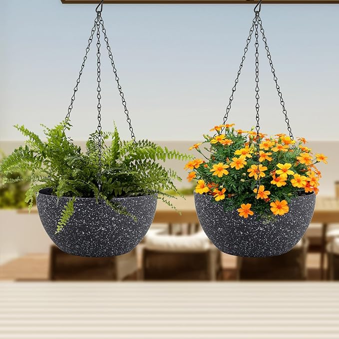 10 inch Hanging Planters for Indoor Outdoor Plants, 2 Pack Hanging Flower Plant Pots with Drainage Holes and Chain for Garden Porch, Plastic Hanging Baskets for House Plants, Speckled Black-VerdiqueGarden