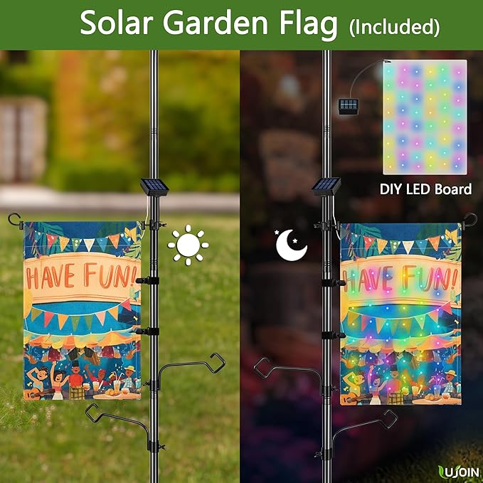 3-in-1 String Light Pole for Outside (2 Pack), Each Pack Includes 2 Hooks, 1 Solar LED Light Board & 1 Party Flag, Heavy Duty Stand for Deck, Patio, Backyard, Wedding-VerdiqueGarden