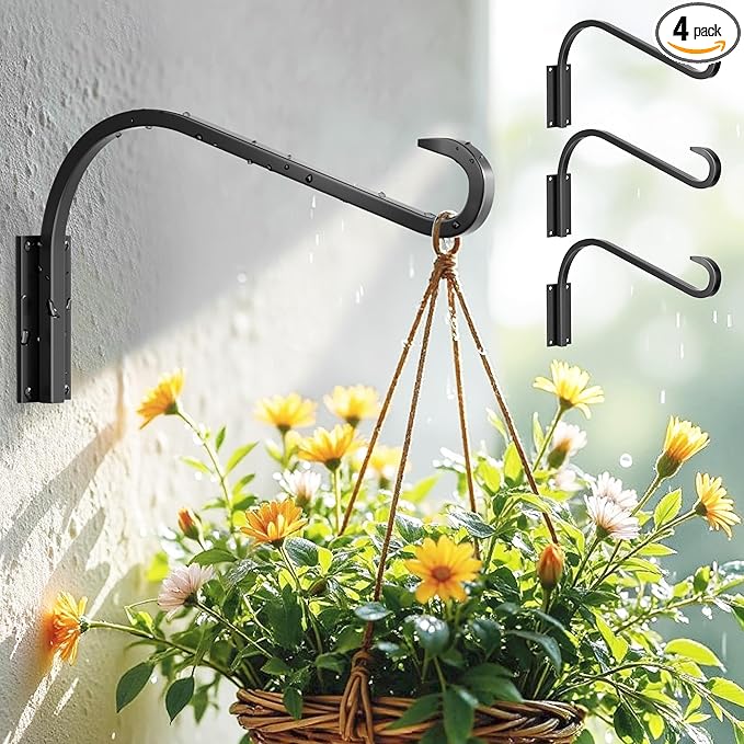 12 Inch 4 Pack Plant Hangers for Indoor/Outdoor Wall Mount - Heavy Duty Hanging Plant Holder & Bird Feeder Hooks, Decorative Black Metal Wall Hangers for Plants, Flower Baskets-VerdiqueGarden