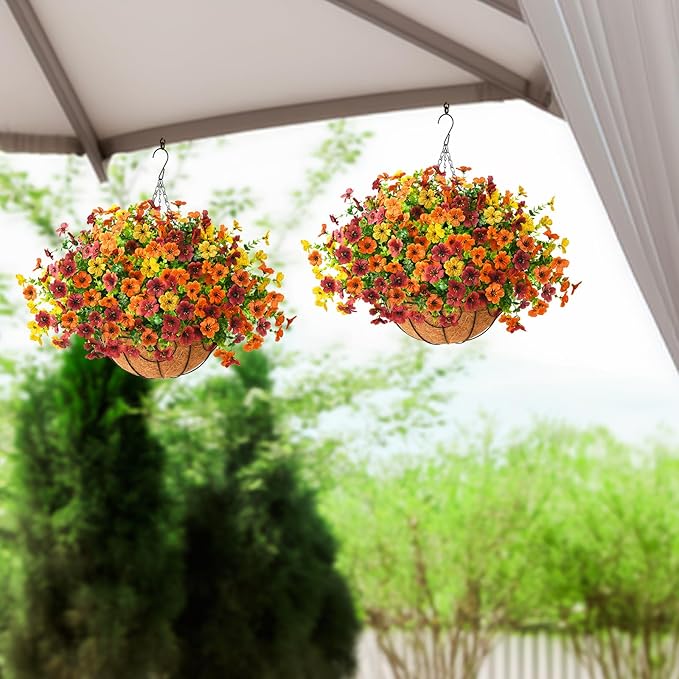Artificial Fake Hanging Plants Flowers Basket, Faux Silk Daisy in Planter Realistic UV Resistant for Outside Home Patio Balcony Yard Spring Outdoor Decoration (Orange Brown Yellow)-VerdiqueGarden