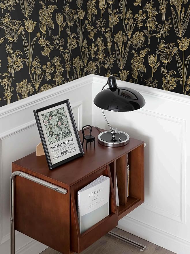 Dimoon 236"x17.3" Floral Wallpaper Peel and Stick Flowers Golden Black Contact Paper Thicken Waterproof Modern Self Adhesive Plants Wallpaper Removable Wall Paper Shelf Vinyl Roll-VerdiqueGarden