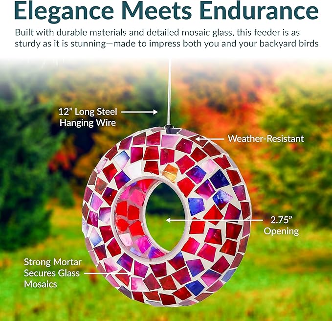 Sunnydaze 6-Inch Glass Mosaic Hanging Bird Feeder for Outdoors - Fly-Through Wild Bird Feeder - Crimson Mosaic-VerdiqueGarden