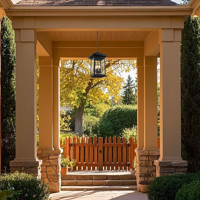 Classic Outdoor Hanging Lantern – Weather-Resistant, Stylish, Matte Black Finish, Clear Seeded Glass and Functional, Extra Large Size-VerdiqueGarden