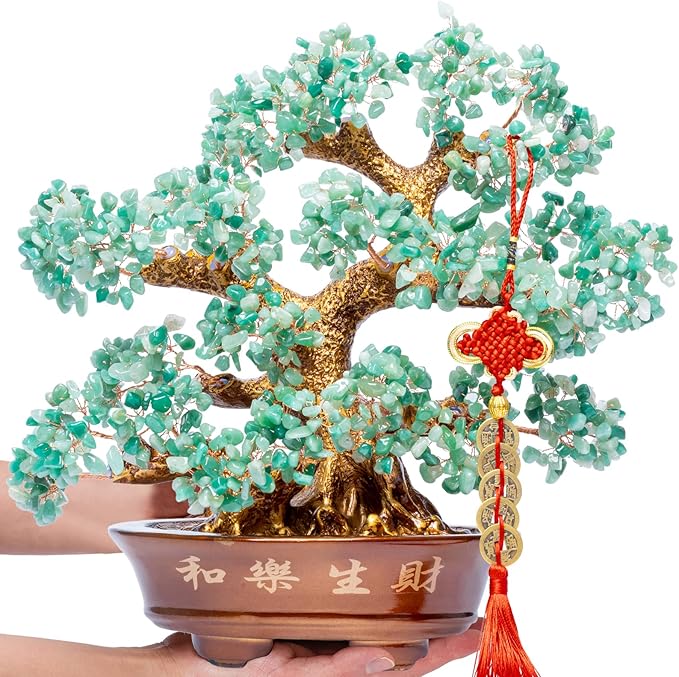 Natural Aventurine (1,251 Gemstone Count) Chakra Crystal Tree with Healing Properties - Home & Office Bonsai Feng Shui Money Tree Decoration for Luck, Success and Intelligence - 14"-VerdiqueGarden