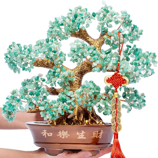Natural Aventurine (1,251 Gemstone Count) Chakra Crystal Tree with Healing Properties - Home & Office Bonsai Feng Shui Money Tree Decoration for Luck, Success and Intelligence - 14"-VerdiqueGarden