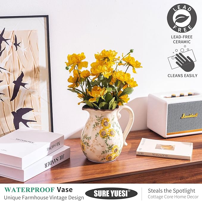 Sunflower Vintage Ceramic Yellow Floral Vase with Handle, Chinoiserie Floral Pitcher Vase, Rustic Ceramic Farmhouse Vases for Home Decor, Living Room, Bookshelf, Office, Grand Millennial Decor 7.9 in-VerdiqueGarden