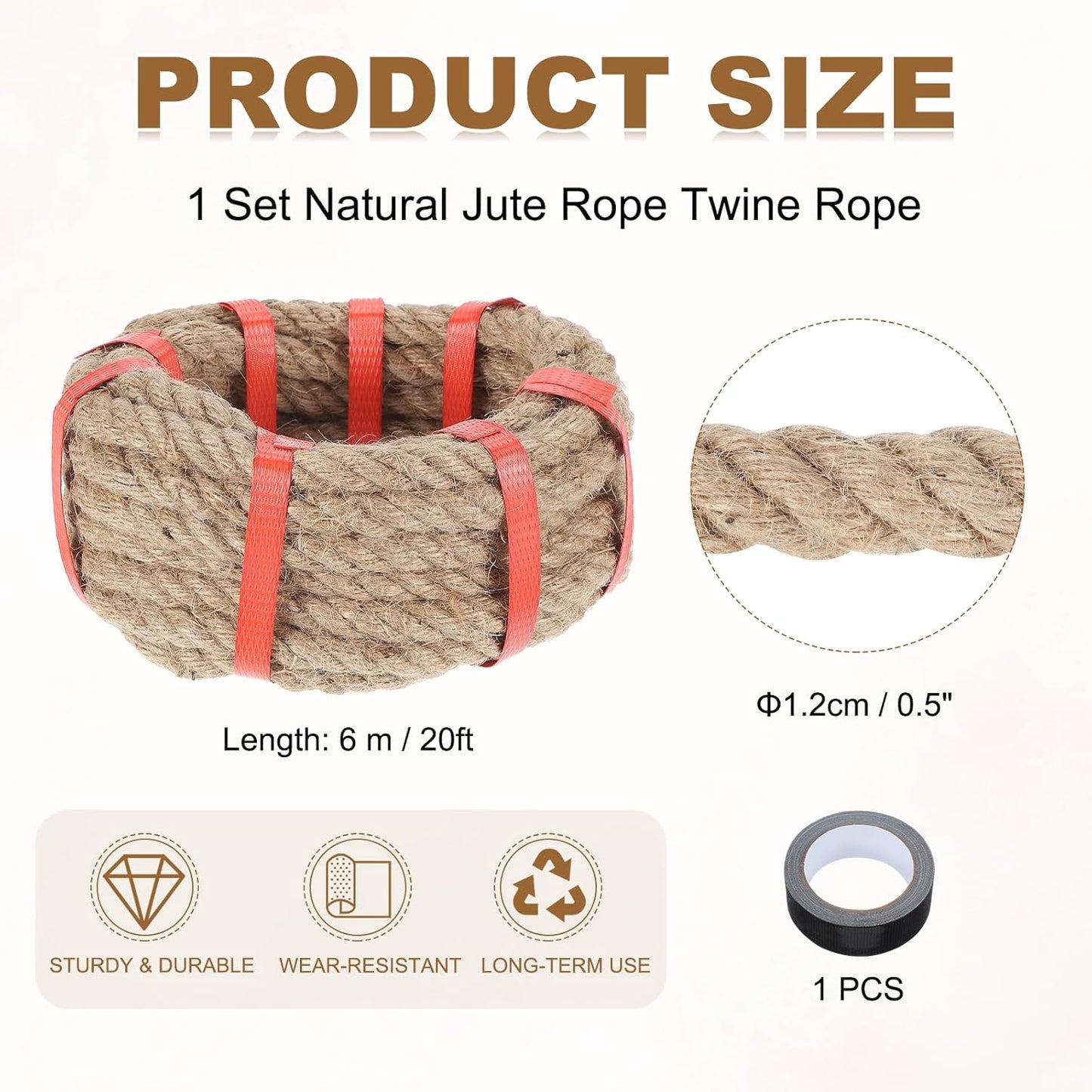 MECCANIXITY Jute Rope 0.5 Inch x 20ft, Thick Twine Rope Ropes Braided Jute Twine Natural Brown Burlap Cord String Heavy Twisted with Tape for Decorative Crafts Railing Swing Tug of War-VerdiqueGarden