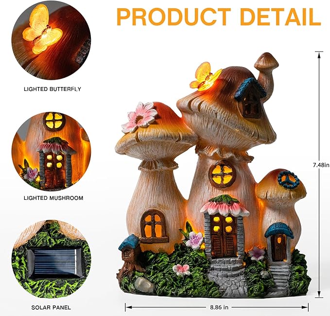 Solar Garden Statue Lights Mushroom Fairy House Figurine, Outdoor Memorial Garden Ornaments Waterproof Decoration for Outside Patio Yard Lawn Decor-VerdiqueGarden