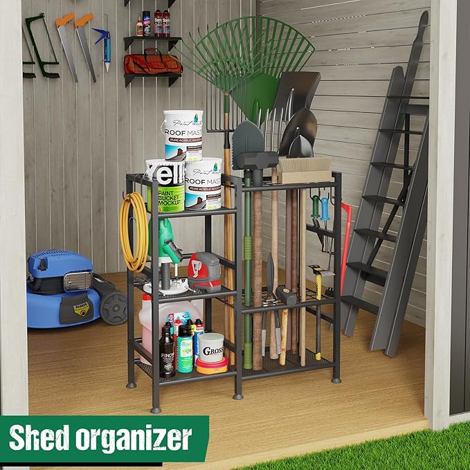 keomaisyto Garden Tool Organizer for Garage Organization, 3 Tier Yard Tool Storage Rack with 35 Long-Handled Tool Slots, Heavy Duty Garden Tool Holder with Large Hooks for Shed, Yard, Garage-VerdiqueGarden