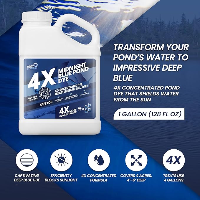 1 Gallon Midnight Blue Pond Dye, 4X Concentrate Pond Dye Blue, Dark Natural Looking Aquashade for Beautiful Lake Water, Long-Lasting Colorant, Protects Against Sunlight - Ideal for Fish & Wildlife-VerdiqueGarden