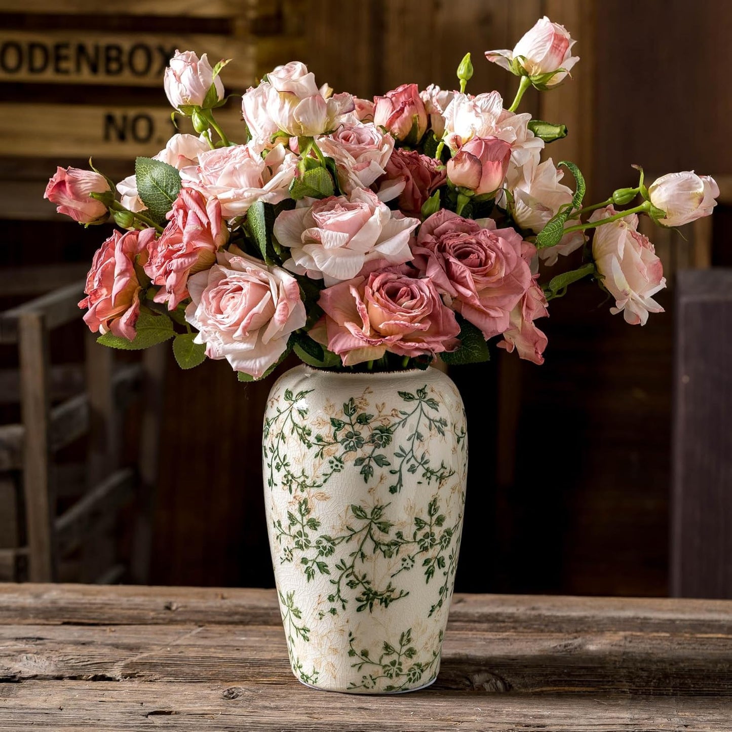 Vintage Pastoral Green and Beige Flower Vase, Ceramic Floral Vases, Retro Ice Cracked Chinoiserie Vase for Home Cottage Core Decor, Bookshelf, Office, Mantel, Wedding Rustic Table Centerpiece 8.5 Inch-VerdiqueGarden