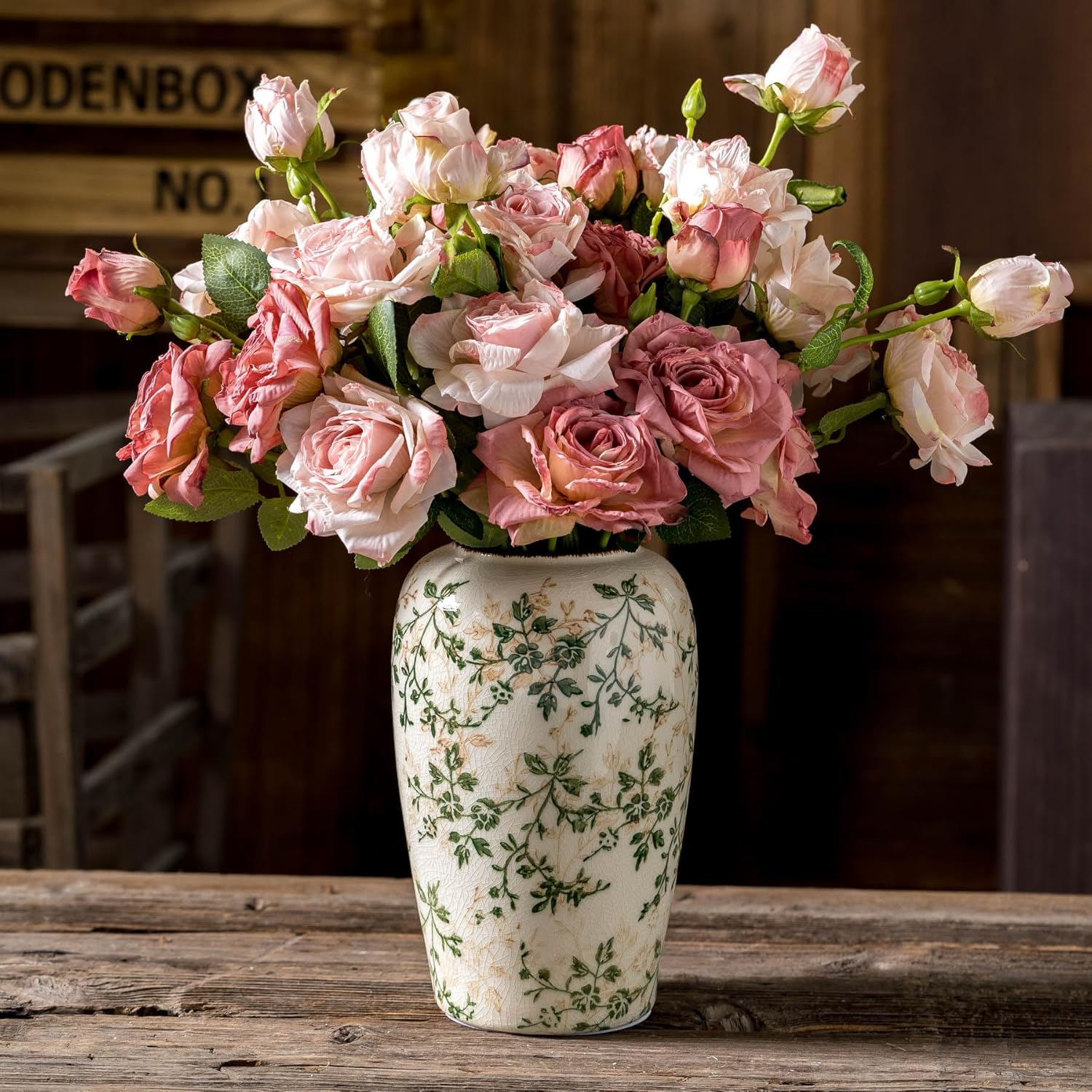 Vintage Pastoral Green and Beige Flower Vase, Ceramic Floral Vases, Retro Ice Cracked Chinoiserie Vase for Home Cottage Core Decor, Bookshelf, Office, Mantel, Wedding Rustic Table Centerpiece 8.5 Inch-VerdiqueGarden