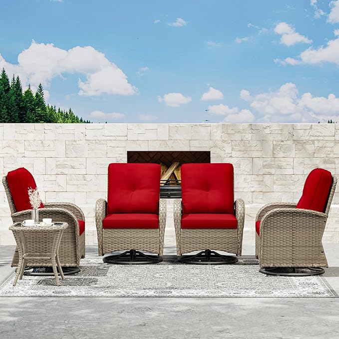 Joyside Outdoor Swivel Rocker Chairs, 6 Piece Wicker Patio Set with Thick Cushion and Side Table, Rattan Patio Swivel Rocking Chairs for Porch, Deck Use (Natural/Red, 6 PCS)-VerdiqueGarden