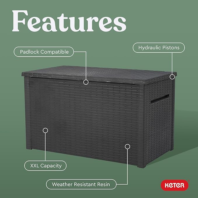 Keter Java XXL 230 Gallon Resin Rattan Look Large Outdoor Storage Deck Box for Patio Furniture Cushions, Pool Toys, and Garden Tools, Dark Grey-VerdiqueGarden