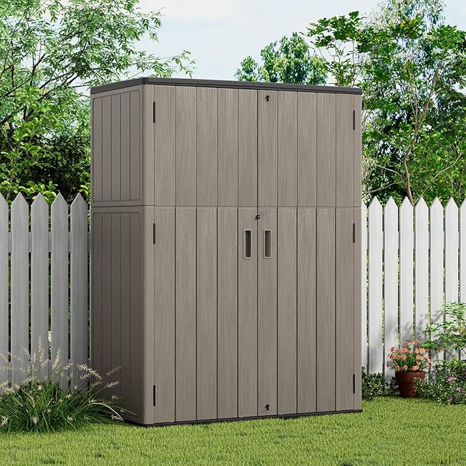 KINYING Outdoor Storage Shed,57 Cu.ft Vertical Outdoor Storage Cabinet Waterproof, Outdoor Resin Tool Shed for Patio Furniture, Garden Tools, Pool Accessories, Lawn Mower(Coffee Color)-VerdiqueGarden
