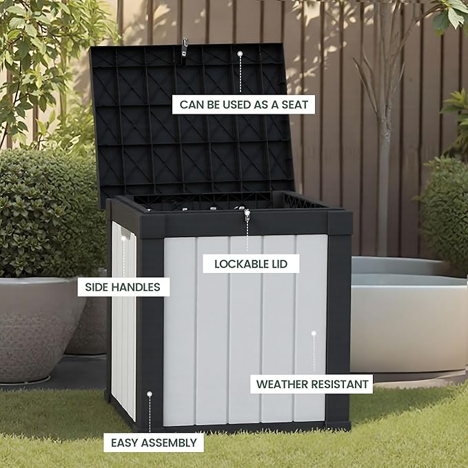 50 Gallon Storage Box, Waterproof Deck Box for Indoor & Outdoor Use, Lockable Pool Storage Bin for Package Delivery, Outdoor Bench for Patio Cushions, Garden Tools, Backyard, Black & White-VerdiqueGarden