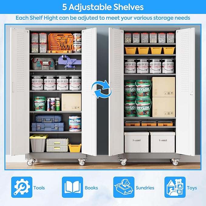 71" H×32" W×16" D Garage Storage Cabinet with Wheels & Pegboard, Locking Metal Storage Cabinet with Doors and 5 Adjustable Shelves & & 4 Hooks for Garage Warehouse Home Office, White and Gray-VerdiqueGarden
