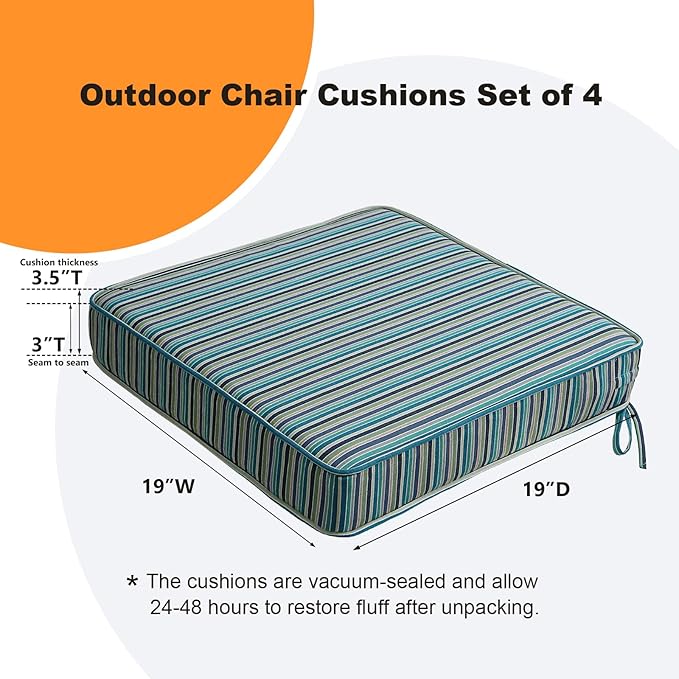 Sunbrella Square Corner Seat Cushions, 19" x 19" x 3", Set of 4, Indoor Outdoor Water Repellent Universal Chair Pads with Ties for Patio Furniture, Garden Dining Chairs, Swell Turquoise-VerdiqueGarden