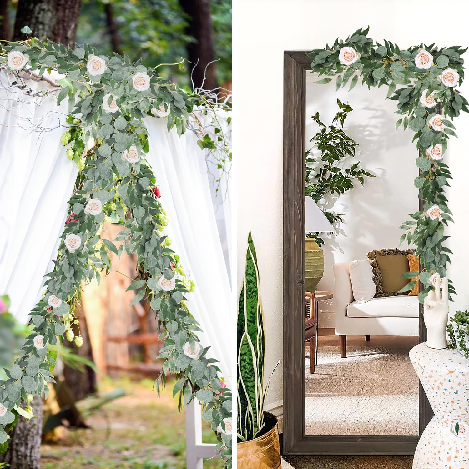 RECUTMS 2Pack Artificial Eucalyptus Garland with Willow Leaves 6Feet Fake Hanging Plant Silk Eucalyptus Willow Leaves Ivy Garland Faux Greenery for Indoor Outdoor Wedding Party Home Table Arch Decor-VerdiqueGarden