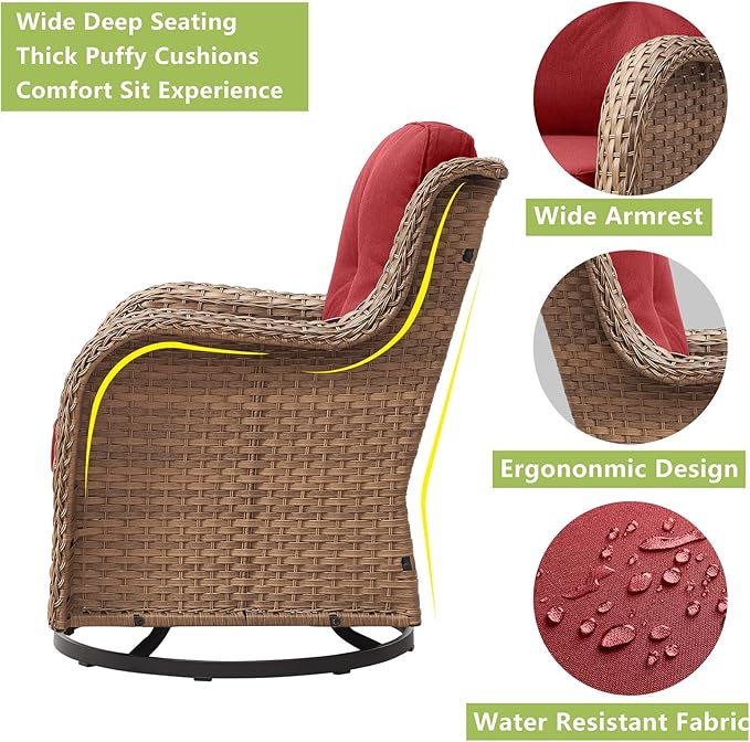 Outdoor Wicker Patio Furniture Set - 5 Piece Rattan Patio Conversation Set with 2 Rocking Swivel Chairs,2 Ottomans and 1 Sofa for Porch Deck Backyard Garden(Yellow/Red)-VerdiqueGarden