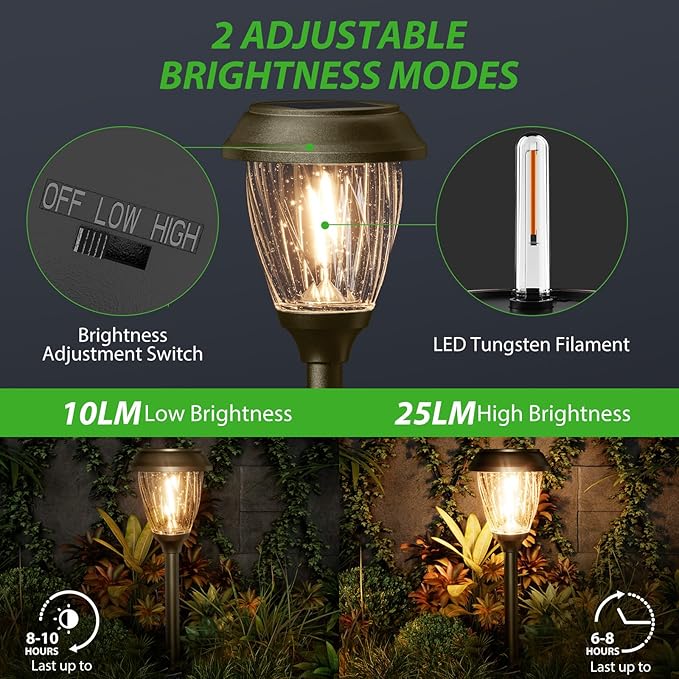 XMCOSY+ Solar Pathway Lights Outdoor, 10/25 LM in 2 Lighting Modes, Glass Stainless Steel Waterproof Outside Solar Powered Garden LED Lights for Yard Lawn Driveway Walkway Landscape Decor(Warm White)-VerdiqueGarden