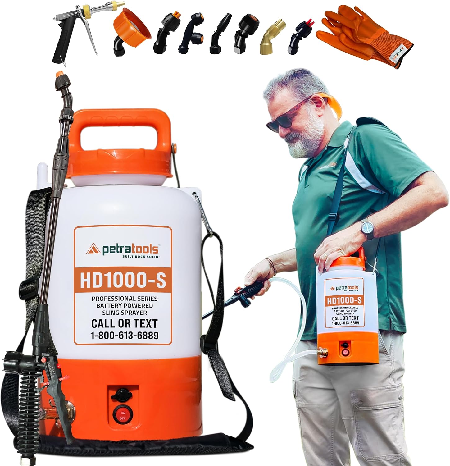 PetraTools Battery Powered Sprayer 1 Gallon - HD1000-S - Heavy Duty Electric Sprayers in Lawn and Garden for Weed/Pest Control, Watering & More - with 8 Nozzles & Strap (1 Gallon ProKit)-VerdiqueGarden