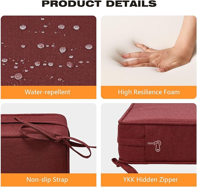 Sunbrella Square Corner Seat Cushions, 18.5" x 16" x 3", Set of 4, Indoor Outdoor Water Repellent Universal Chair Pads with Ties for Patio Furniture, Garden Dining Chairs, Spectrum Brick-VerdiqueGarden