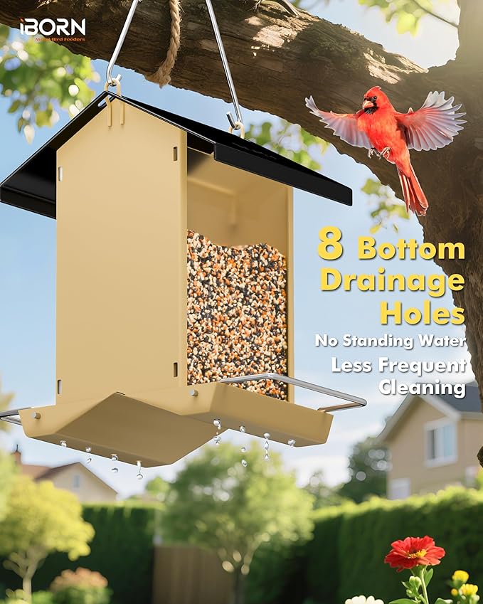iBorn Bird Feeders for Outdoors,Bird House Feeder with Weatherproof Metal Roof & 8 Drain Holes,Fully Detachable Birdfeeder Design,Easy Clean & Refill,Chew-Proof PC Windows,1.5 Lbs Capacity,Black Roof-VerdiqueGarden
