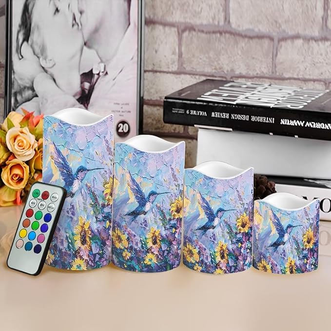 Ystardream Flameless LED Battery Candles Pack of 4 Waterproof Pillar Candles Tealights with 18-Key Timer Remote Colorful Lights for Outdoor Home Decoration Oil Painting Hummingbird-VerdiqueGarden