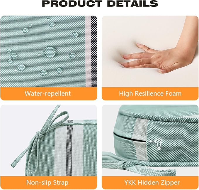 Round Corner Seat Cushions, 17" x 16" x 2", Set of 4, Indoor Outdoor Water Repellent Universal Chair Pads with Ties for Patio Furniture, Garden Deck Dining Chairs, Aqua Stripe-VerdiqueGarden