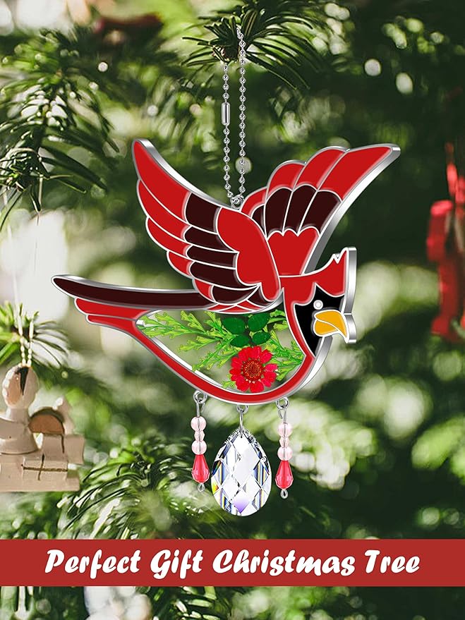 KY&BOSAM Cardinal Suncatcher Crystal Had Painted Glass Sun catchers Hangings for Windows Ornament with Pressed Real Flower and Heart Charm Birthday Gifts for Women Mom Mother's Day Christmas Mom Gifts-VerdiqueGarden