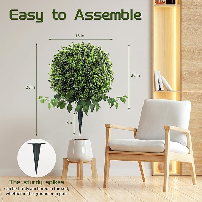 28" Artificial Boxwood Ball Bush, UV Resistant Topiary Tree Faux Boxwood Ball Shaped Porch Bushes with Ground Spike Artificial Bushes for Outdoors Front Door Decor Home Garden-VerdiqueGarden