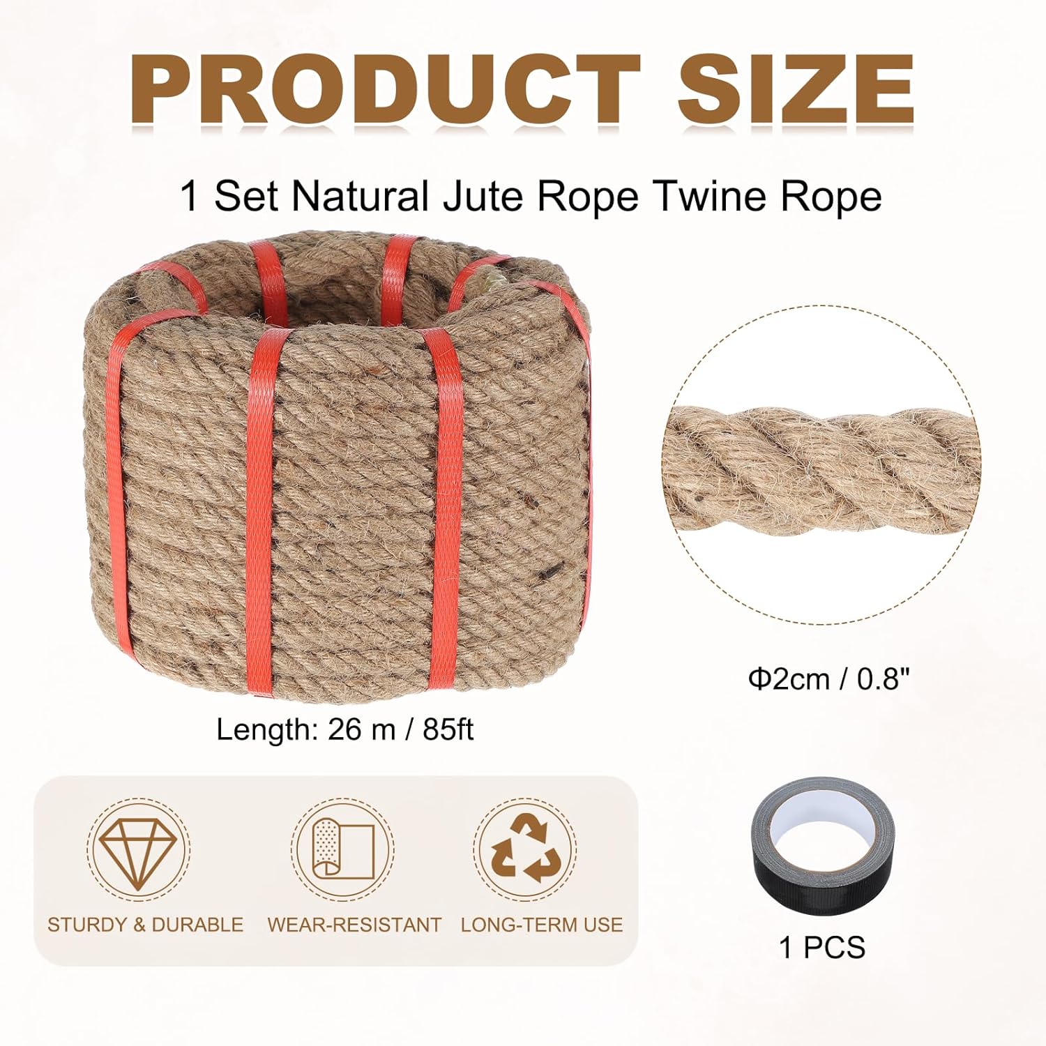MECCANIXITY Jute Rope 0.8 Inch x 85ft, Thick Twine Rope Ropes Braided Jute Twine Natural Brown Burlap Cord String Heavy Twisted with Tape for Decorative Crafts Railing Swing Tug of War-VerdiqueGarden