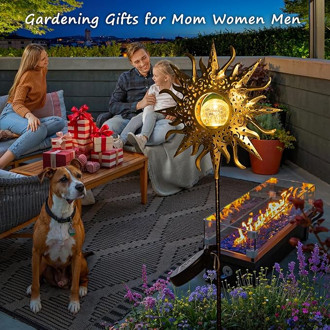 HOMEIMPRO Large Sun Solar Garden Decor Lights Outdoor Garden Gifts Mom Dad, Crackle Glass Metal Stake,Yard Decorations, Waterproof LED Lights for Lawn Patio Ornaments, Mothers Day Gifts for Women-VerdiqueGarden