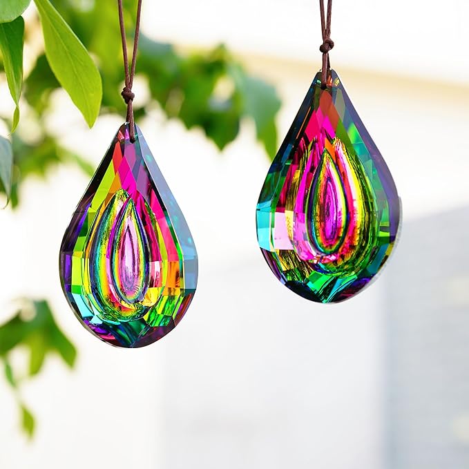HDCRYSTALGIFTS Set 2 Crystal Prisms Suncatchers for Windows,76mm Rainbow Sun Catcher Glass Hanging Prisms Suncatcher Pendant for Home Garden Decor (Single Face Colorful)-VerdiqueGarden