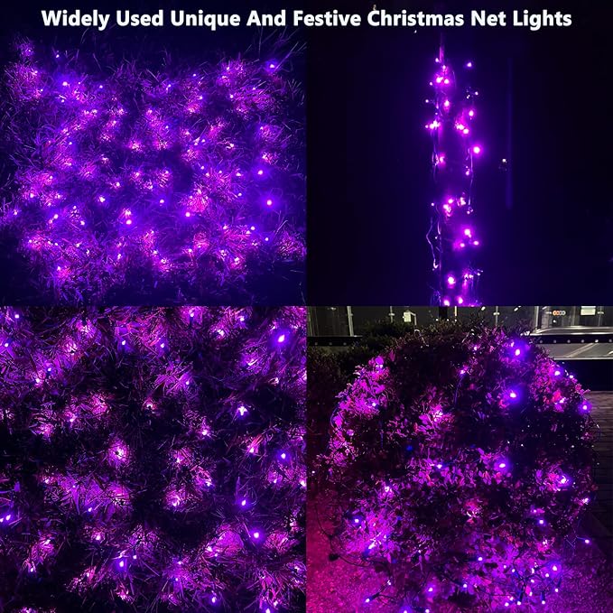 HISHINY Halloween Lights Outdoor,100LED 5ftx5ft Purple Net Lights with Connectable, Waterproof,UL Certified and Durable Green Wire Design for Bushes,Trees, Outdoor Indoor Party Decorations(Purple)-VerdiqueGarden