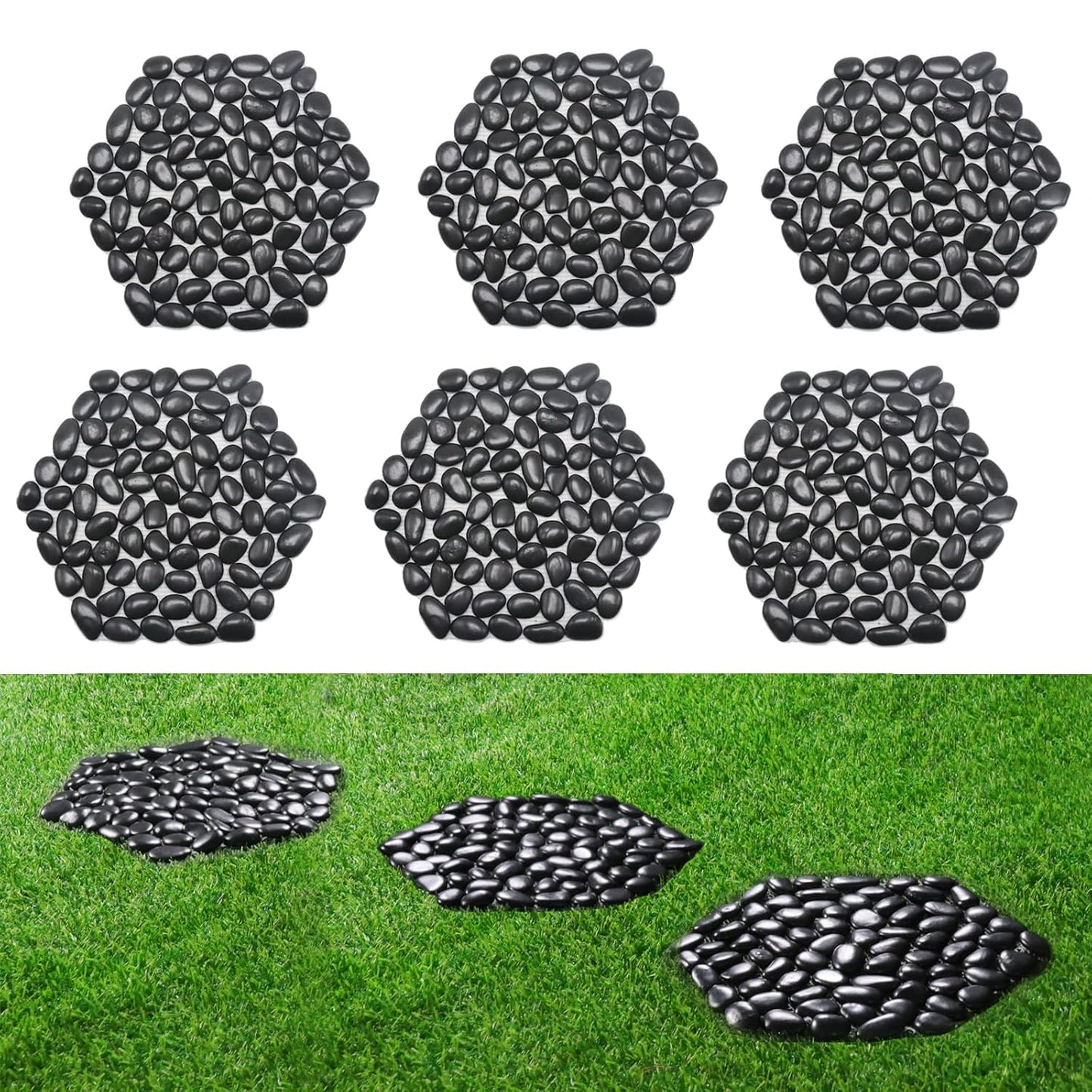 12 inch River Rock Stepping Stone - Pavers for Outdoor Garden Walkway, Landscaping - Polished Pebble Step Stones for Patio Yard Lawn Pathway, Set of 6 (Hexagon, Black)-VerdiqueGarden