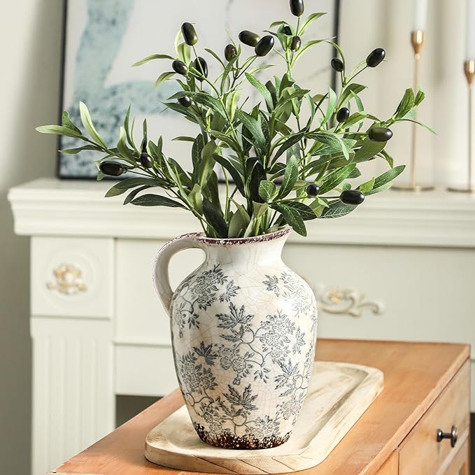 Enra Vintage vase with Handle,Blue and White Ceramic Decorative Flower vase, Chinoiserie Floral Vase,Large Rustic Vases for Home Decors, Living Room, Bookshelf, Office，9.7 inch-VerdiqueGarden