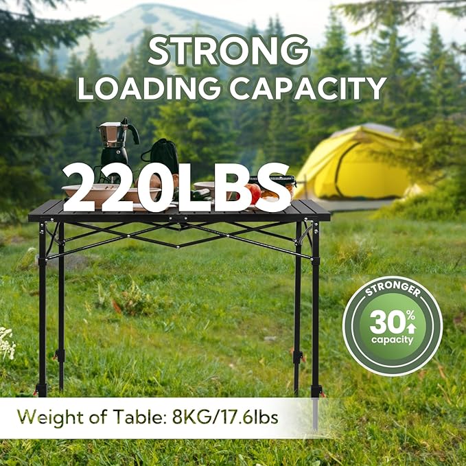 Portable Outdoor Adjustable Height Camping Table, Large for 2-6 Person, Foldable Roll-up Aluminum Camp Table with Carry Bag for Picnic, Camp, Sturdy, Stable, Loads 220 Lbs (Black)-VerdiqueGarden