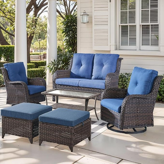 Outdoor Wicker Patio Furniture Set - 6 Piece Rattan Patio Conversation Set with 2 Rocking Swivel Chairs,2 Ottomans,1 Loveseat and 1 Coffee Table for Porch Deck Backyard Garden(Brown/Blue)-VerdiqueGarden