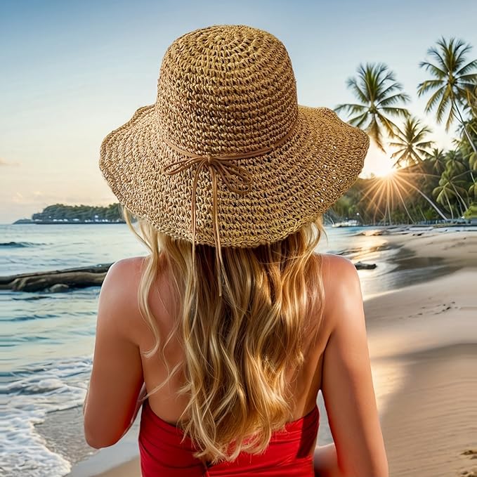 Womens Straw Beach Sun Hats, Foldable Packable Floppy Handmade Crochet Hats for Women,Large Summer Vacation Wide Brim Hat-VerdiqueGarden