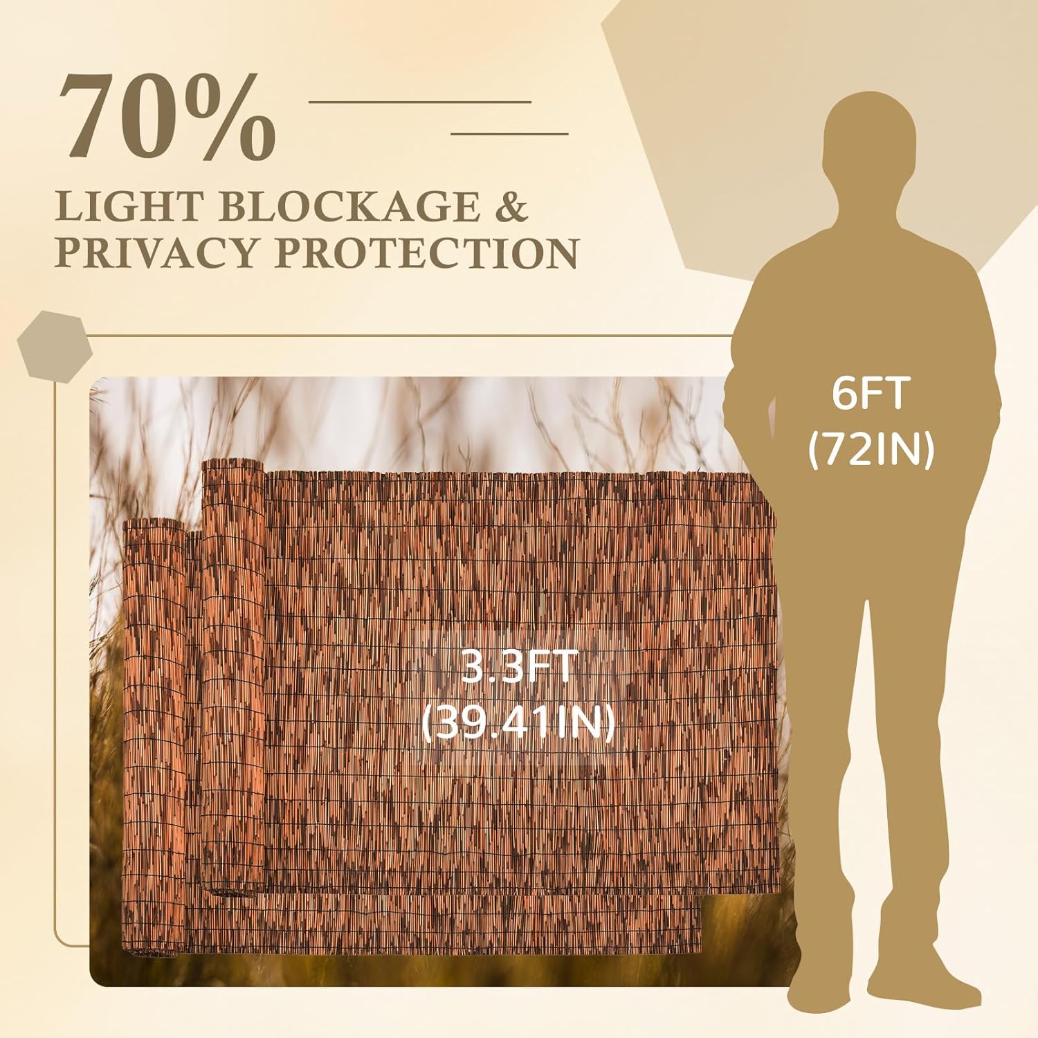 Brown 2 Pack 3.3FT X 16.4FT Reed Fencing Roll, Balcony Privacy Shade Reed Bamboo Fencing Garden Fence Border, Wind Block Sunshade Fence Screen for Outdoor Yard Patio Flower Bed Edge-VerdiqueGarden